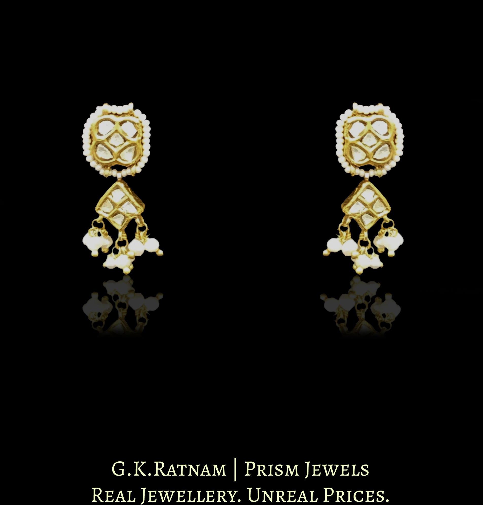 23k Gold and Diamond Polki Necklace Set with Natural Hyderabadi pearl clusters - G. K. Ratnam