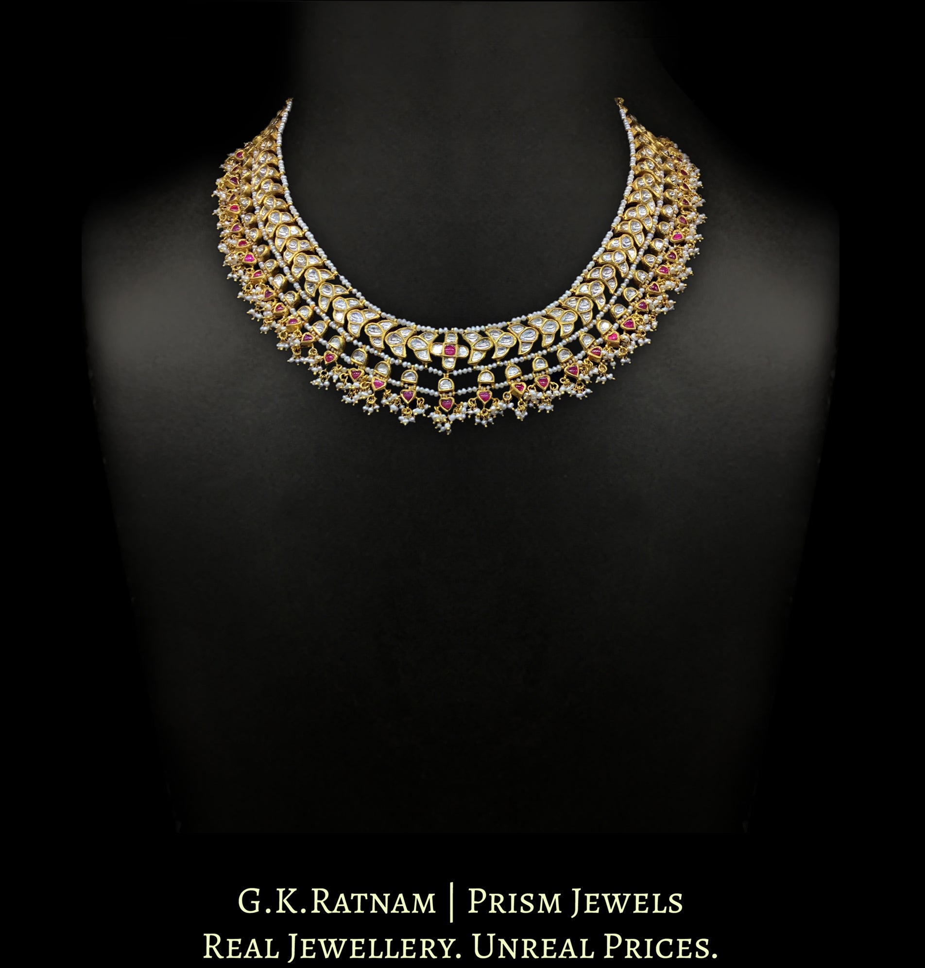 18k Gold and Diamond Polki south-style Necklace with Natural Freshwater Pearls - G. K. Ratnam