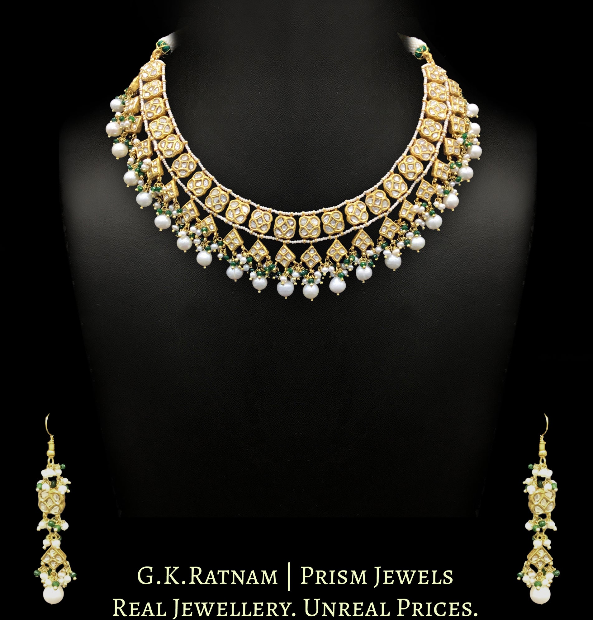 23k Gold and Diamond Polki Necklace Set with Natural freshwater pearls and a hint of green - G. K. Ratnam