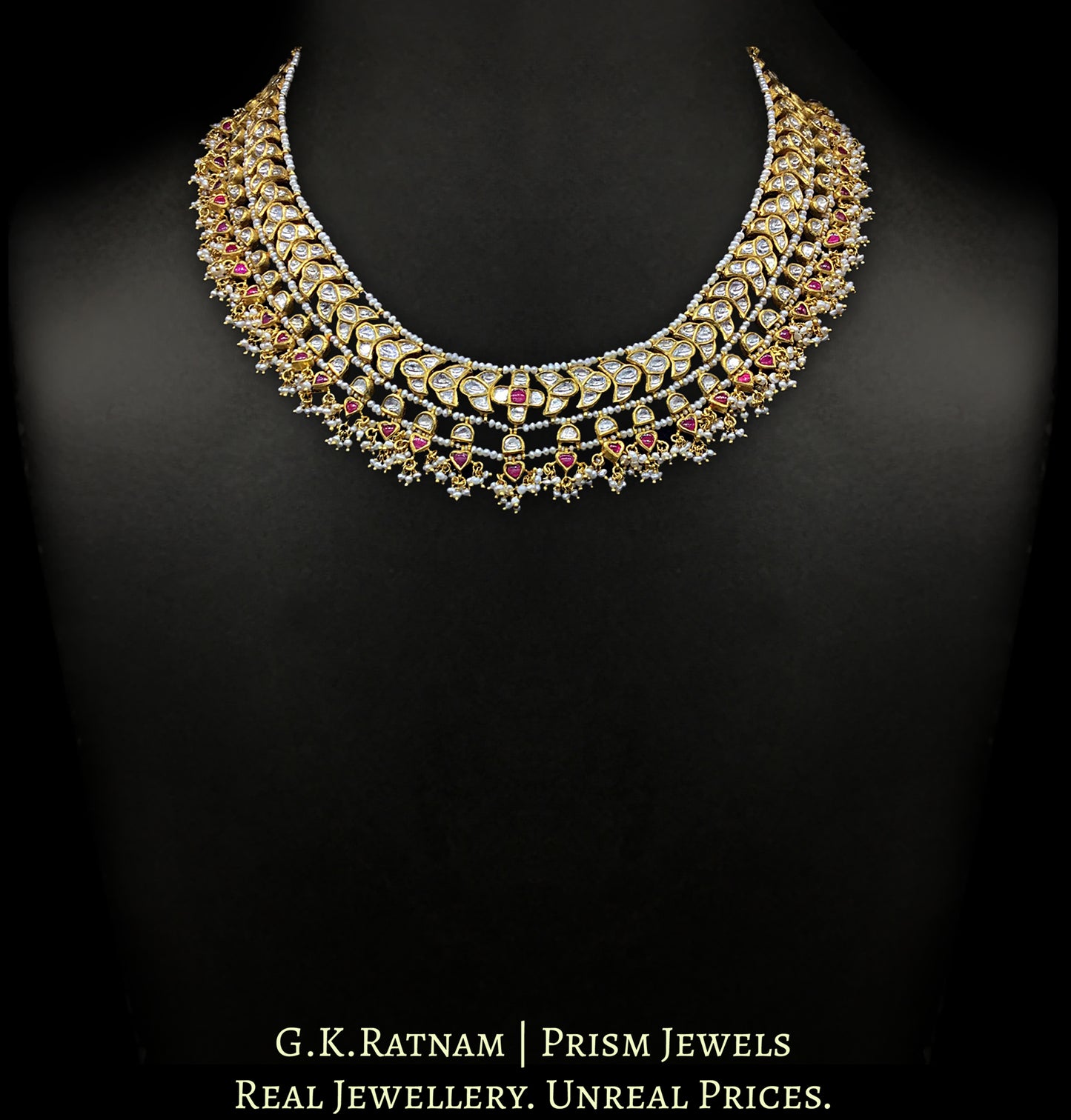 18k Gold and Diamond Polki south-style Necklace with Natural Freshwater Pearls - G. K. Ratnam