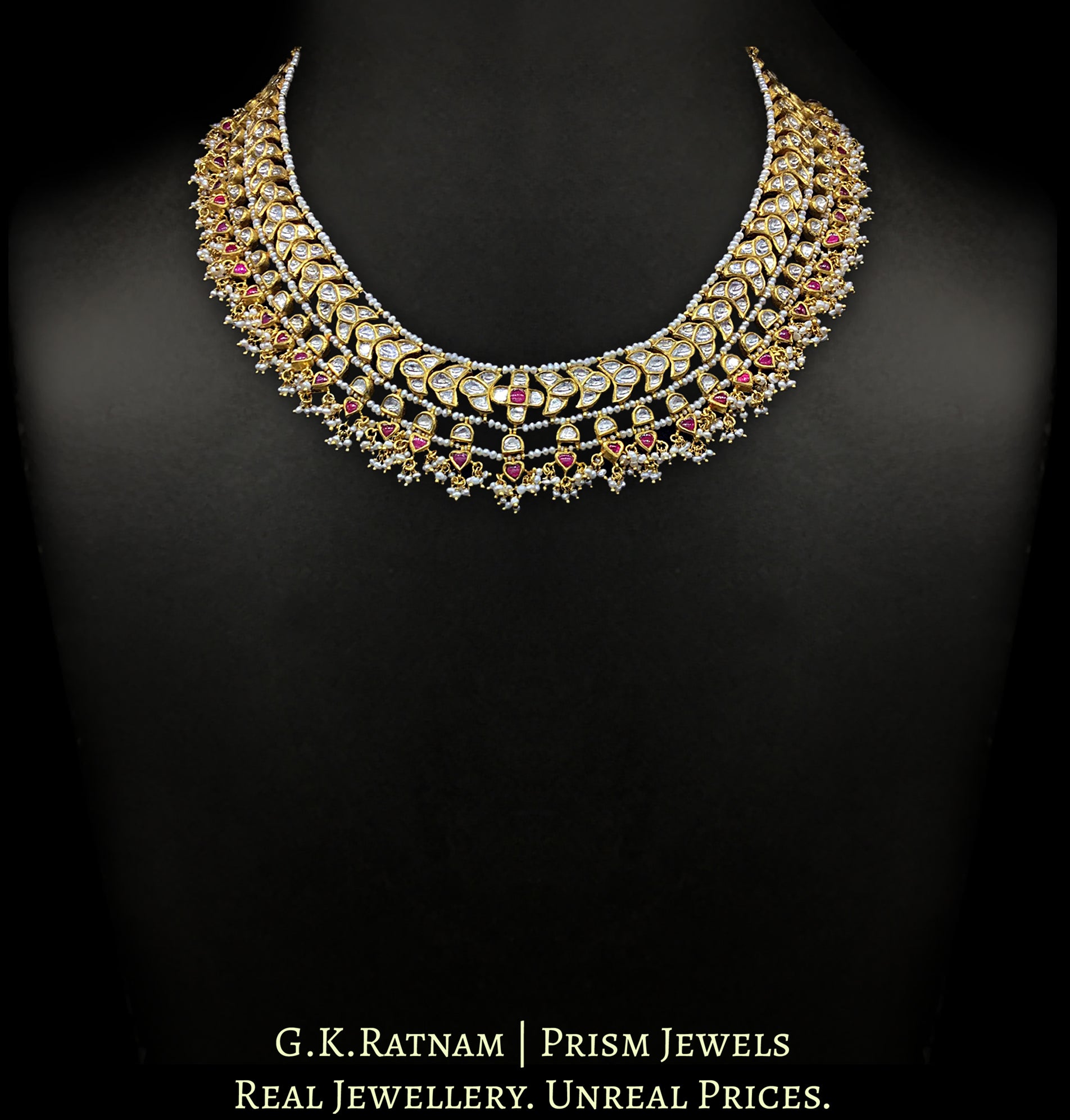 18k Gold and Diamond Polki south-style Necklace with Natural Freshwater Pearls - G. K. Ratnam