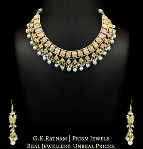 23k Gold and Diamond Polki Necklace Set with Natural freshwater pearls and a hint of green - G. K. Ratnam