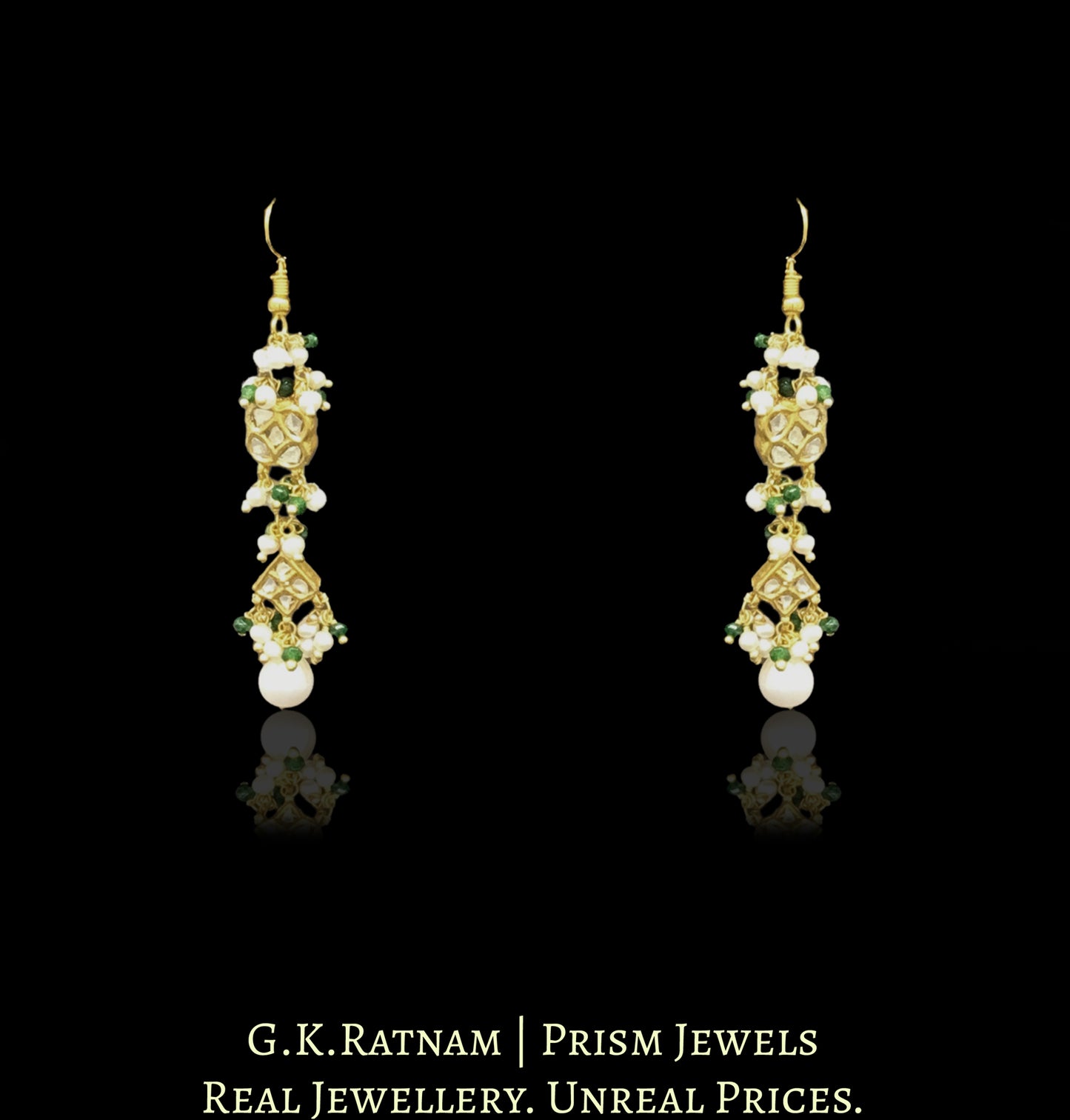 23k Gold and Diamond Polki Necklace Set with Natural freshwater pearls and a hint of green - G. K. Ratnam