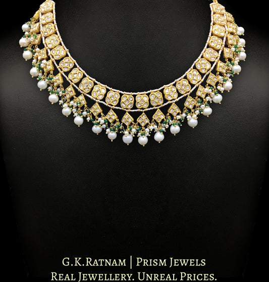 23k Gold and Diamond Polki Necklace Set with Natural freshwater pearls and a hint of green - G. K. Ratnam