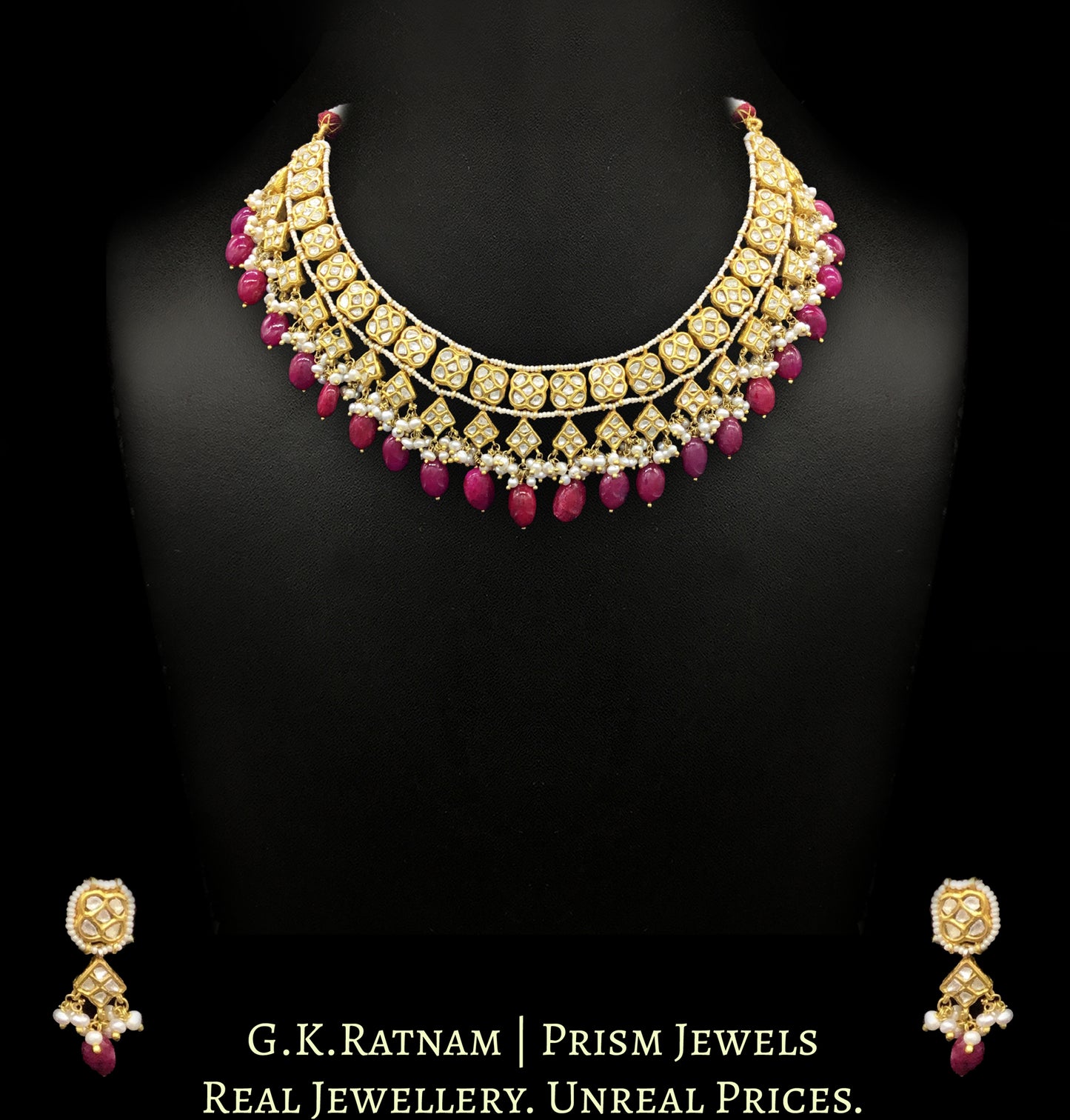 23k Gold and Diamond Polki Necklace Set with Natural Rubies and Freshwater Pearls - G. K. Ratnam