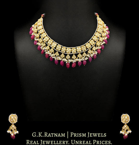 23k Gold and Diamond Polki Necklace Set with Natural Rubies and Freshwater Pearls - G. K. Ratnam