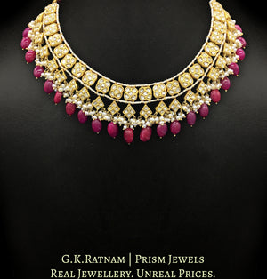 23k Gold and Diamond Polki Necklace Set with Natural Rubies and Freshwater Pearls - G. K. Ratnam