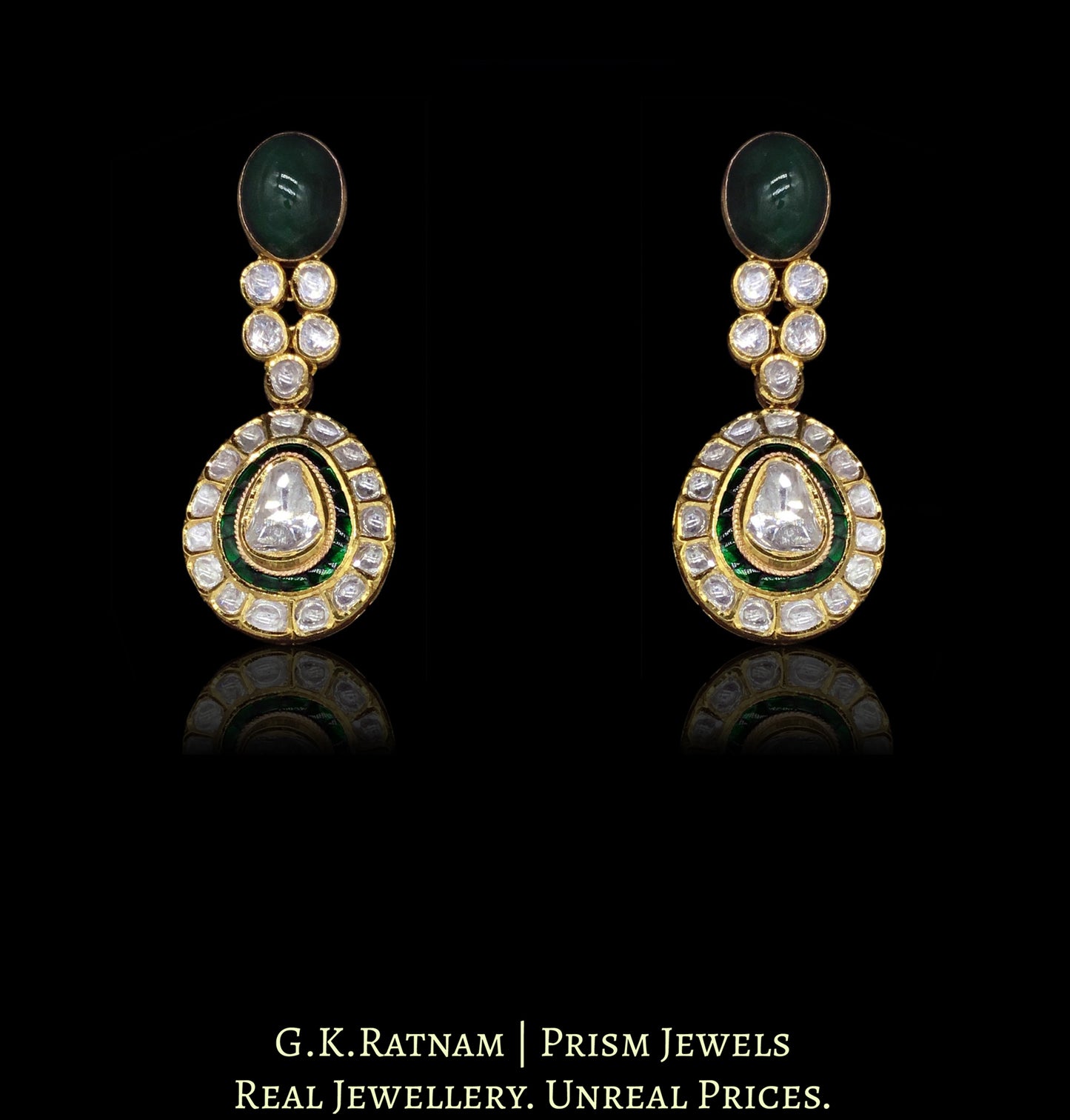 18k Gold and Diamond Polki two-layer Necklace Set with far sized uncuts and emerald-grade green beryls