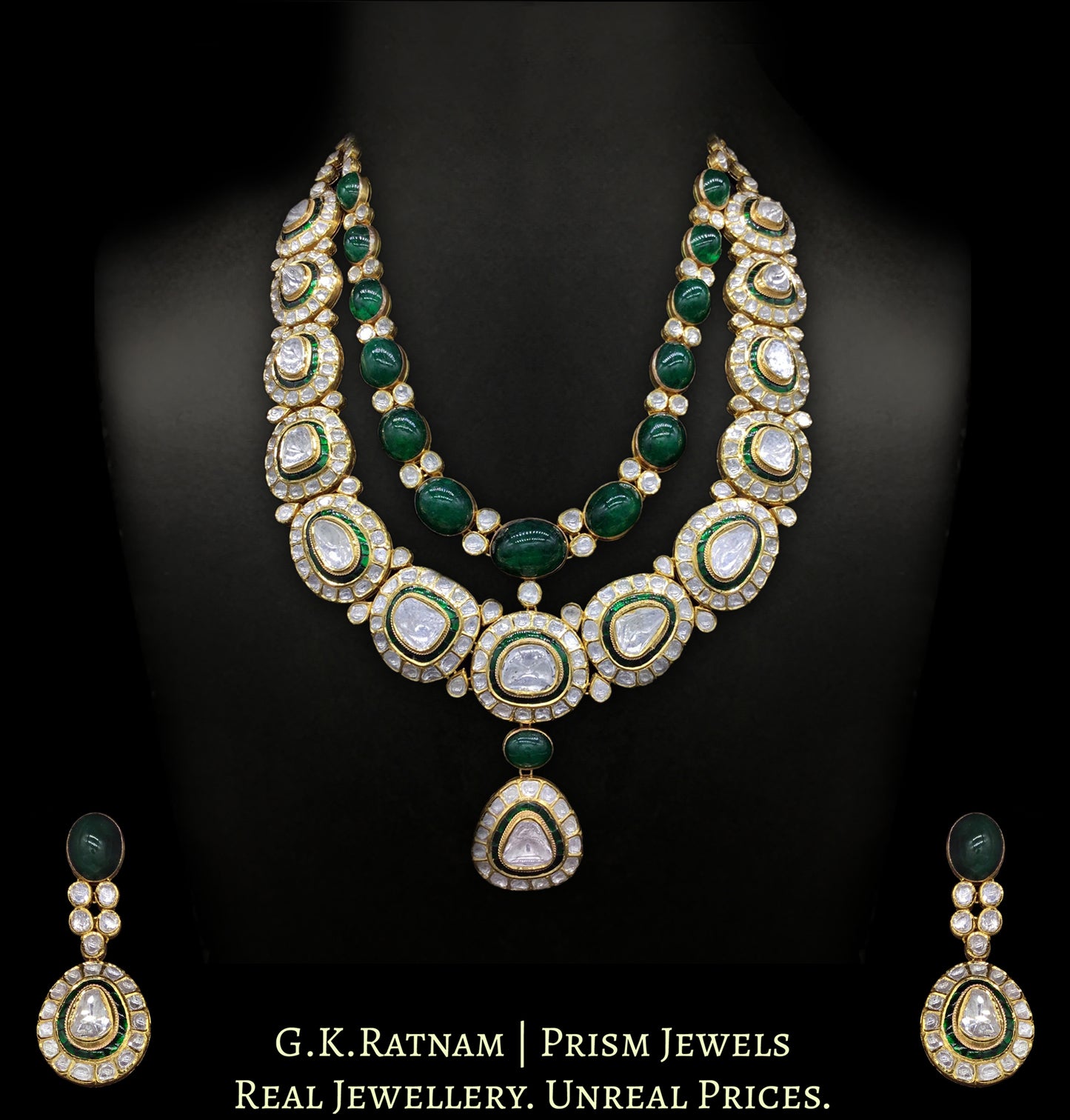 18k Gold and Diamond Polki two-layer Necklace Set with far sized uncuts and emerald-grade green beryls