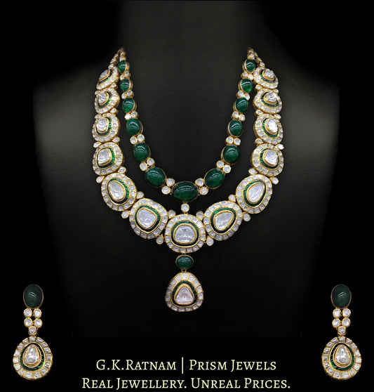 18k Gold and Diamond Polki two-layer Necklace Set with far sized uncuts and emerald-grade green beryls