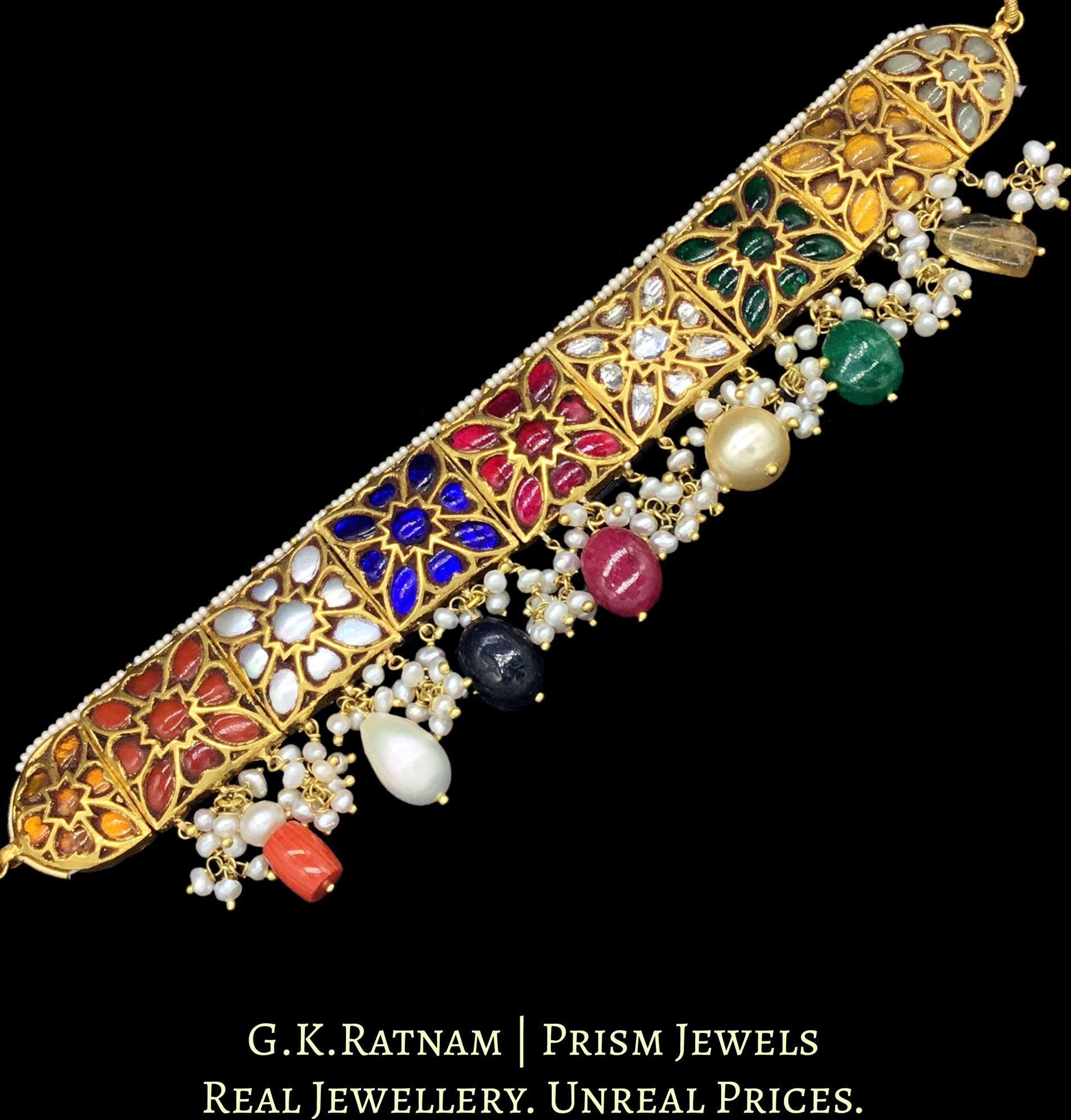 23k Gold and Diamond Polki Navratna Choker Necklace with navratan stringing - G. K. Ratnam