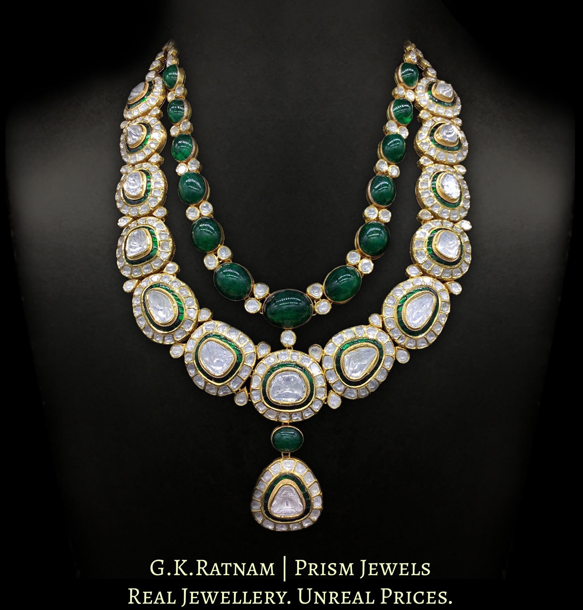 18k Gold and Diamond Polki two-layer Necklace Set with far sized uncuts and emerald-grade green beryls