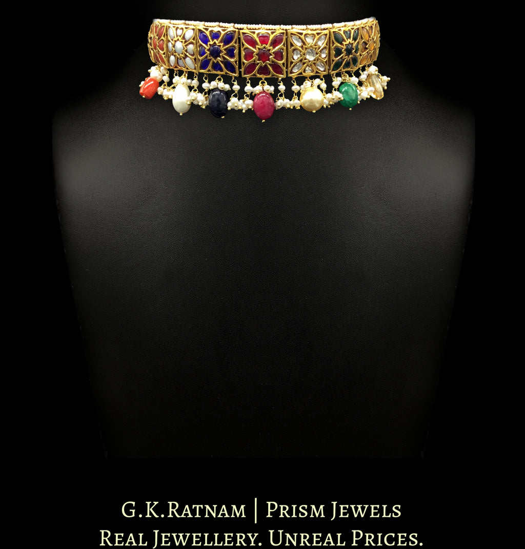 23k Gold and Diamond Polki Navratna Choker Necklace with navratan stringing - G. K. Ratnam