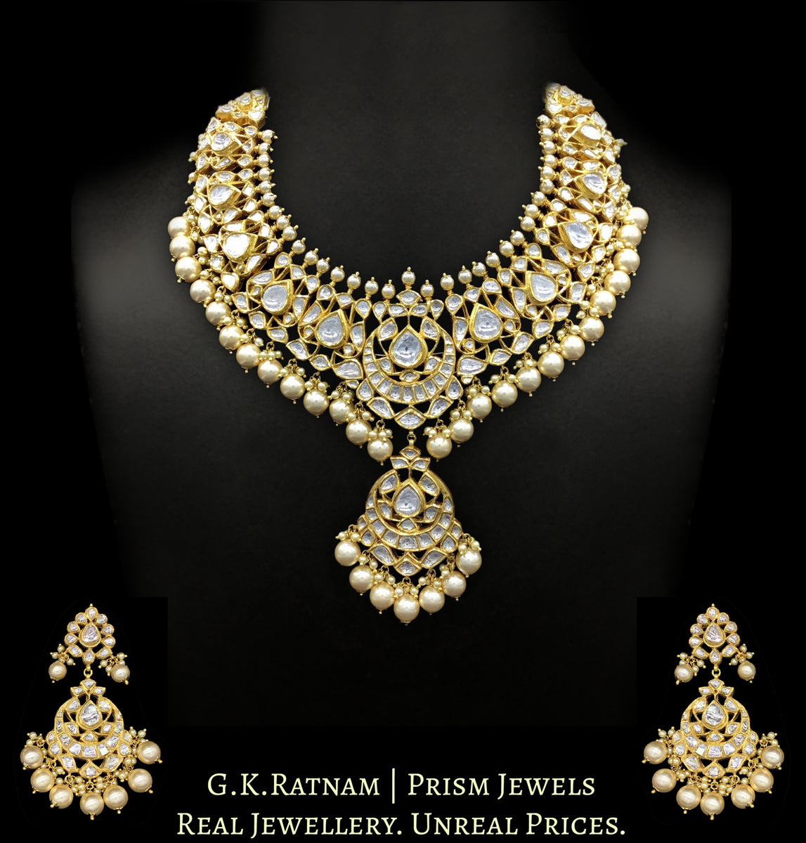 18k Gold and Diamond Polki Vintage Necklace Set with syndicate uncut d ...
