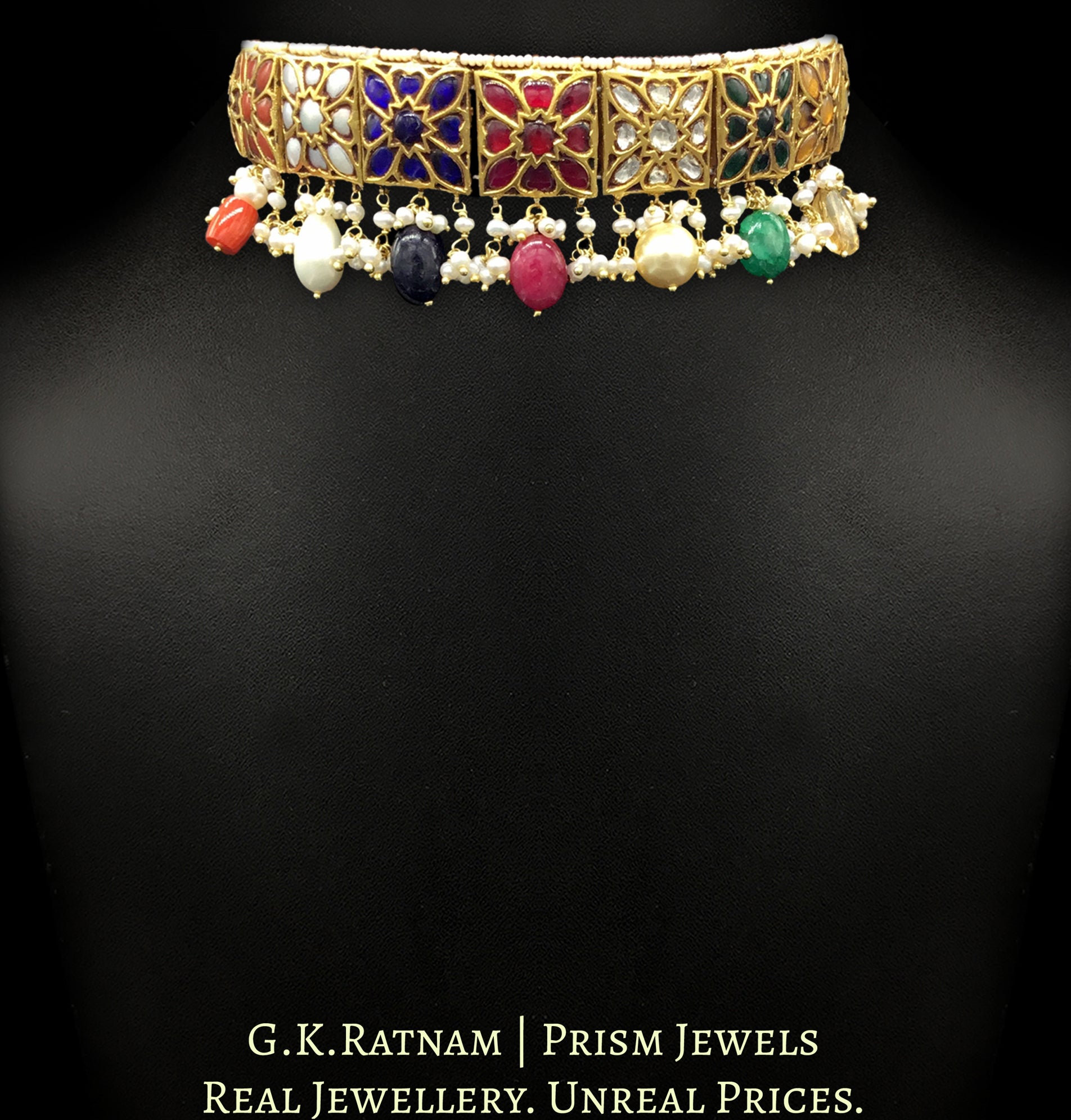 23k Gold and Diamond Polki Navratna Choker Necklace with navratan stringing - G. K. Ratnam