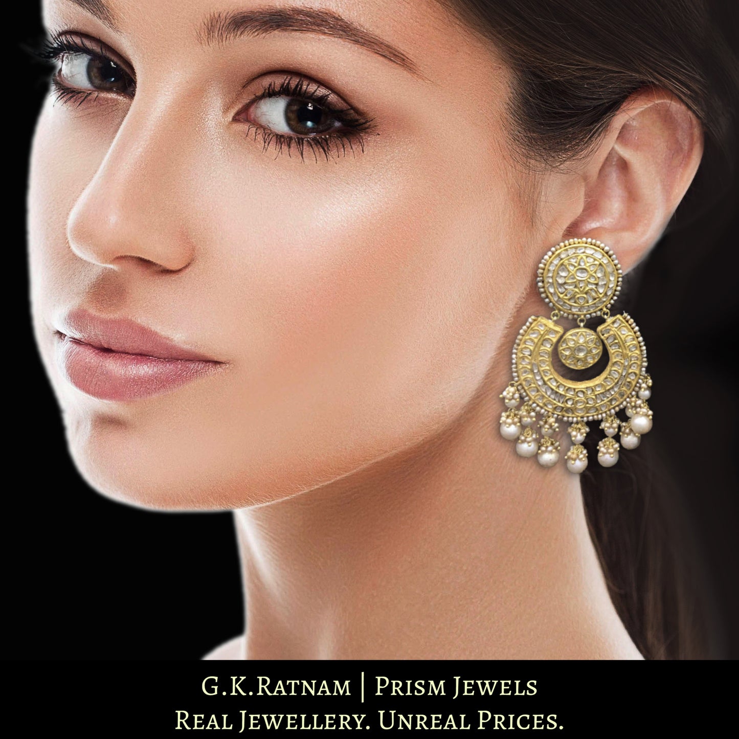 23k Gold and Diamond Polki Broad Chand Bali Earring pair