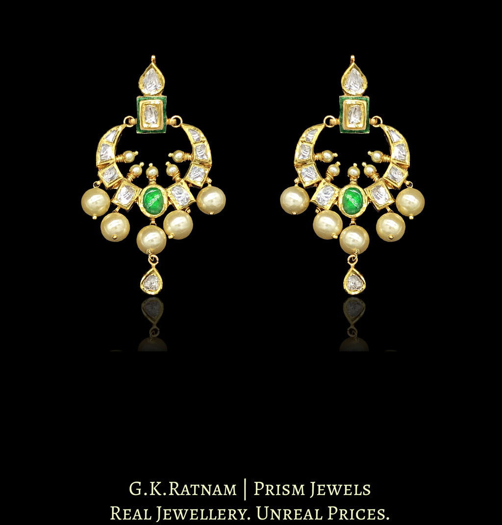 18k Gold and Diamond Polki Chand Bali Earring Pair with a hint of green meenakari - G. K. Ratnam