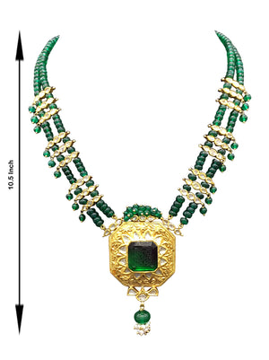 22k Gold and Diamond Polki green-center Octagon Pendant Set with polki leafs strung in natural emerald beads - G. K. Ratnam