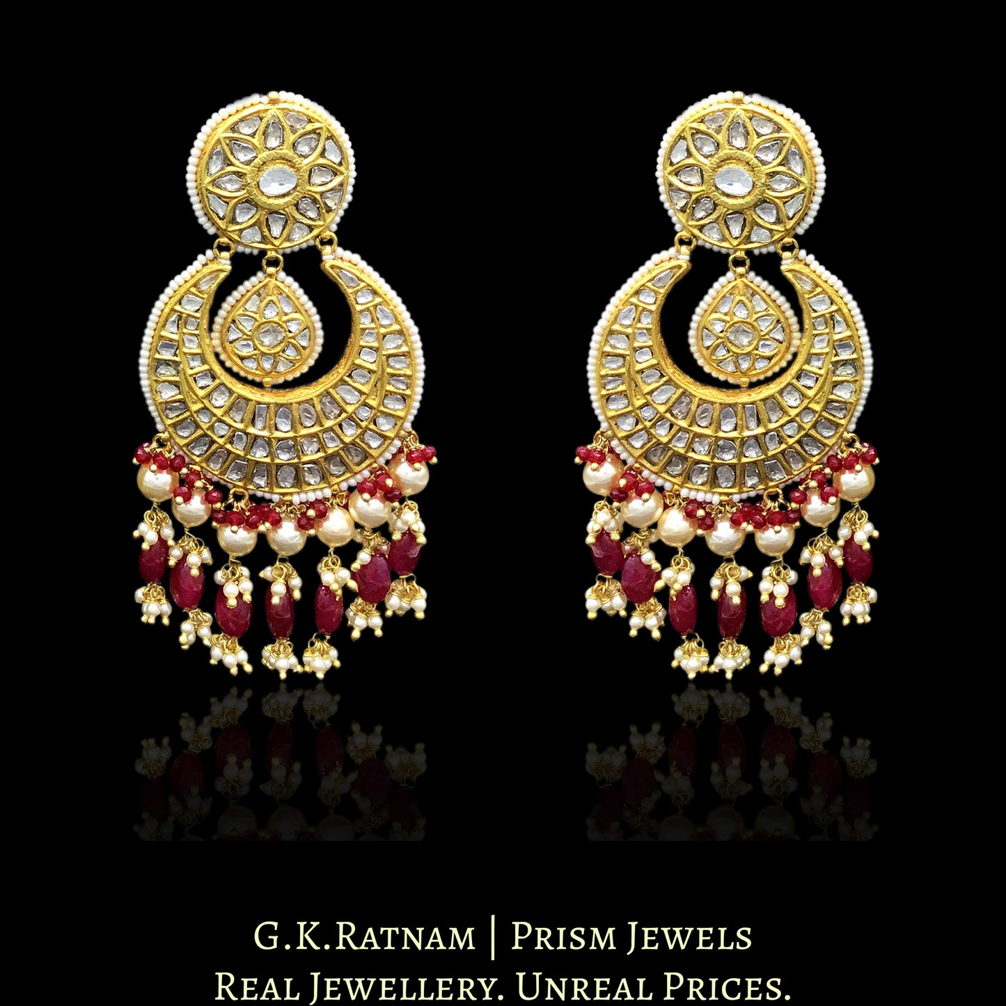 23k Gold and Diamond Polki Chand Bali Earring pair with rubies in chandelier-style - G. K. Ratnam