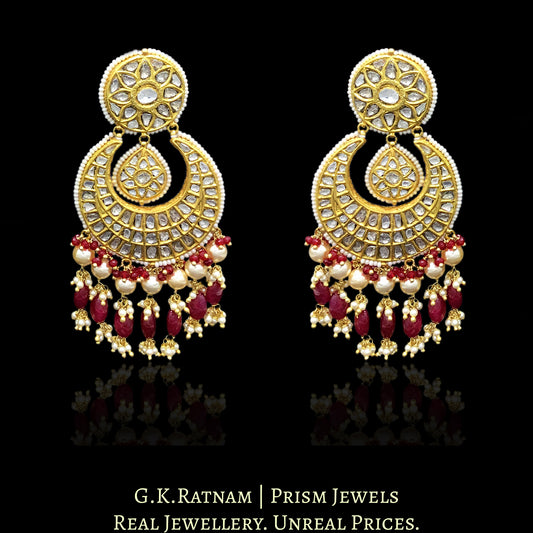 23k Gold and Diamond Polki Chand Bali Earring pair with rubies in chandelier-style - G. K. Ratnam