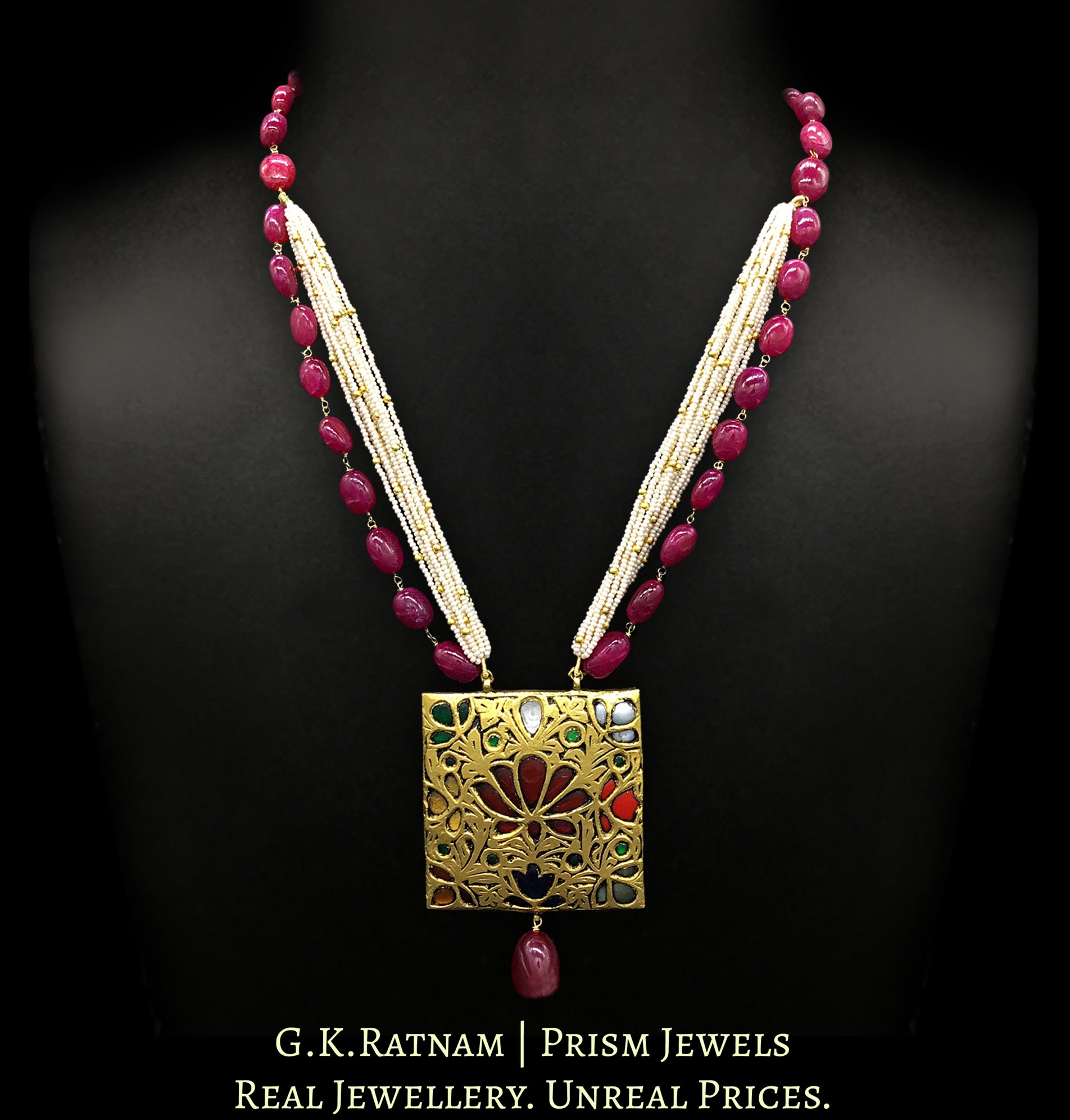 23k Gold and Diamond Polki Reversible Navratna Pendant with Natural Rubies and Chid Pearl bunches - G. K. Ratnam