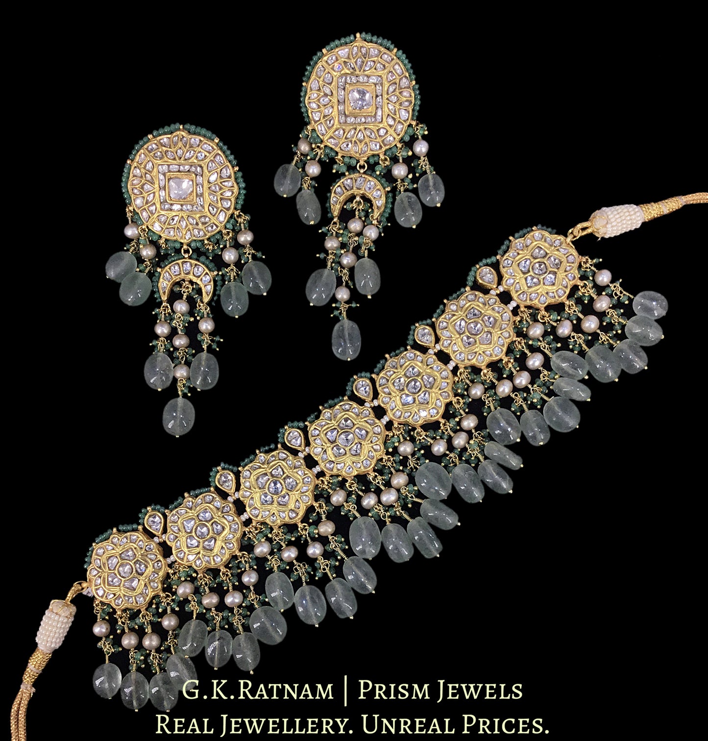 23k Gold and Diamond Polki Choker Necklace Set enhanced with Natural Emeralds, Antiqued Freshwater Pearls And Strawberry Quartz - G. K. Ratnam