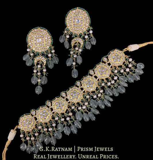 23k Gold and Diamond Polki Choker Necklace Set enhanced with Natural Emeralds, Antiqued Freshwater Pearls And Strawberry Quartz - G. K. Ratnam