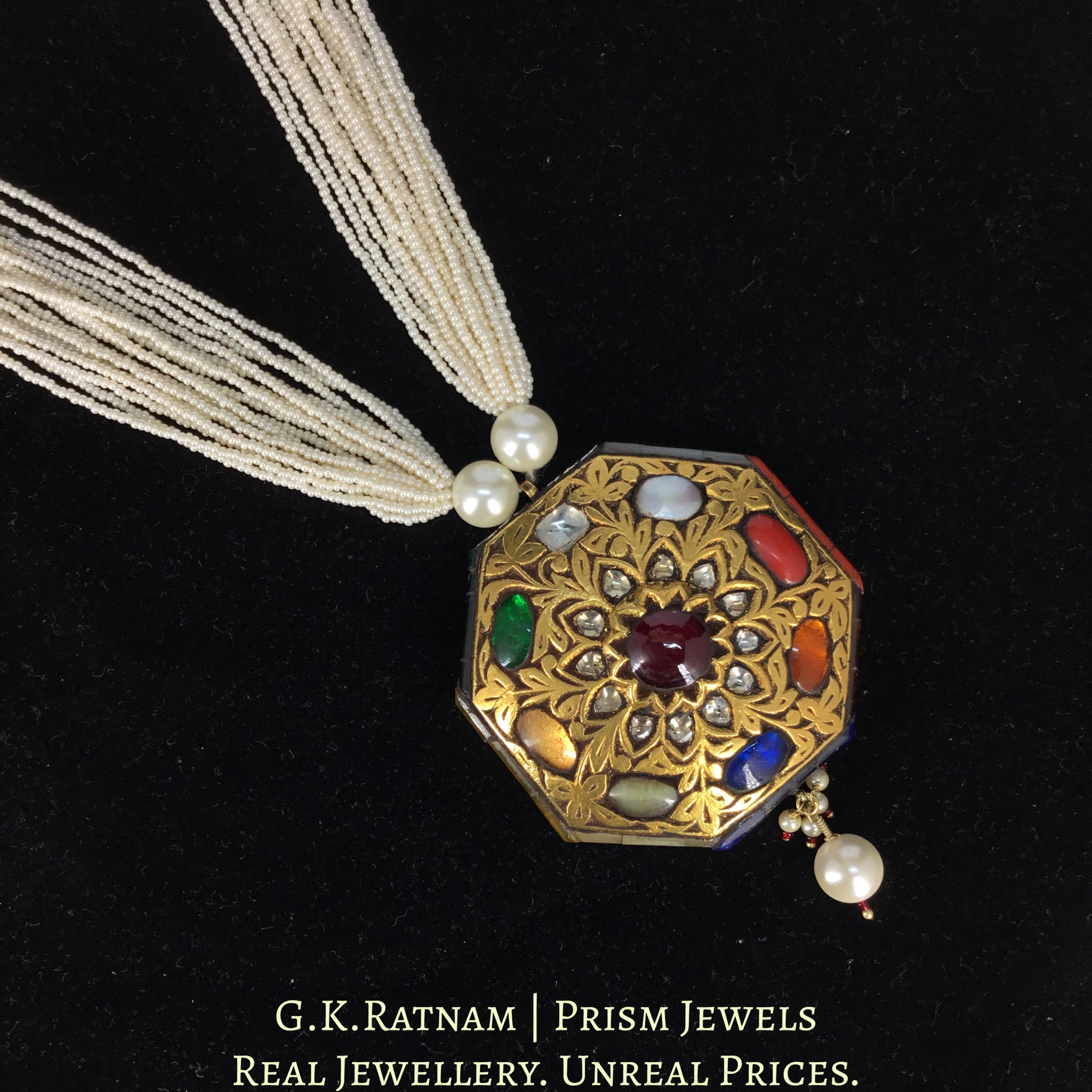 23k Gold and Diamond Polki Octagonal Navratan Pendant With chid pearl bunches - G. K. Ratnam