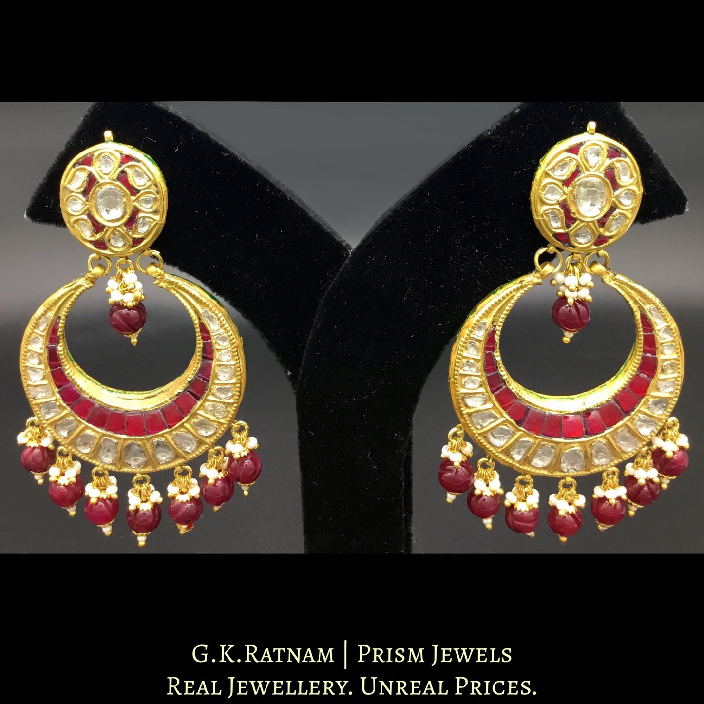 23k Gold and Diamond Polki Chand Bali Earring pair with round ruby-red beads
