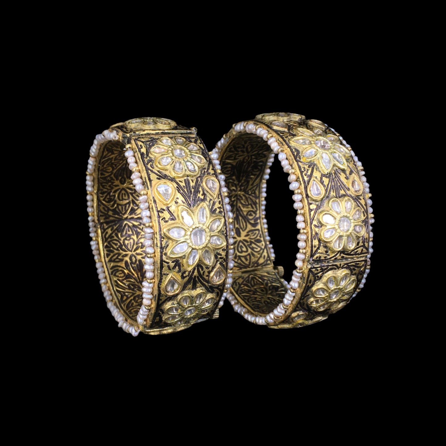 23k Gold and Diamond Polki antique-finish Bangle Pair - G. K. Ratnam
