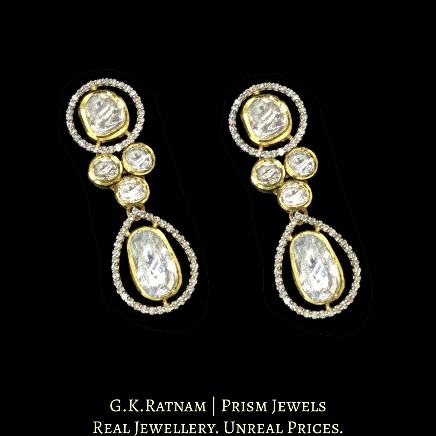 14k Gold and Diamond Polki Fusion Single Line Necklace Set with big uncut diamonds surrounded by cut diamonds - G. K. Ratnam