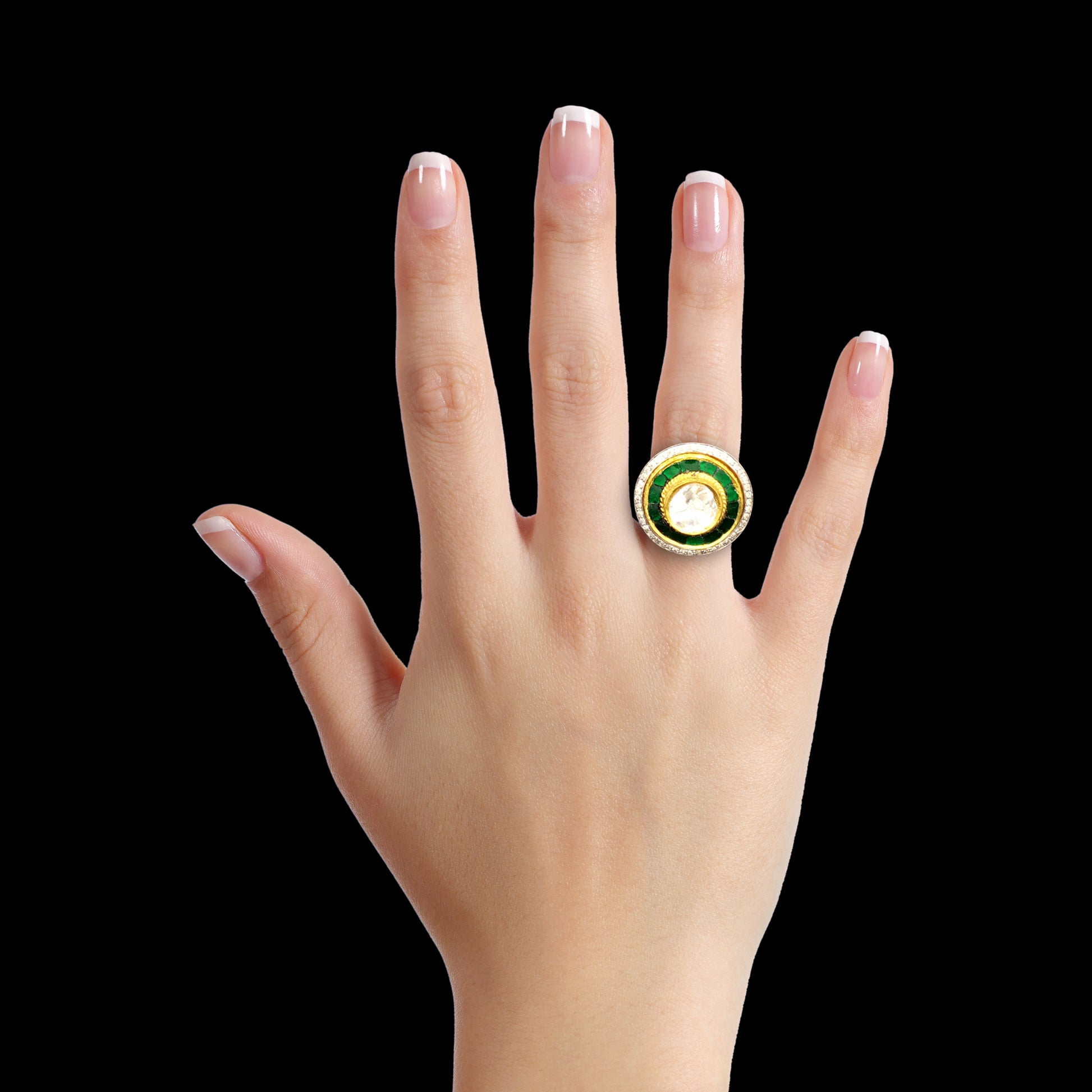 18k Gold and Diamond Polki Fusion Round Ring with emerald-green stones - G. K. Ratnam