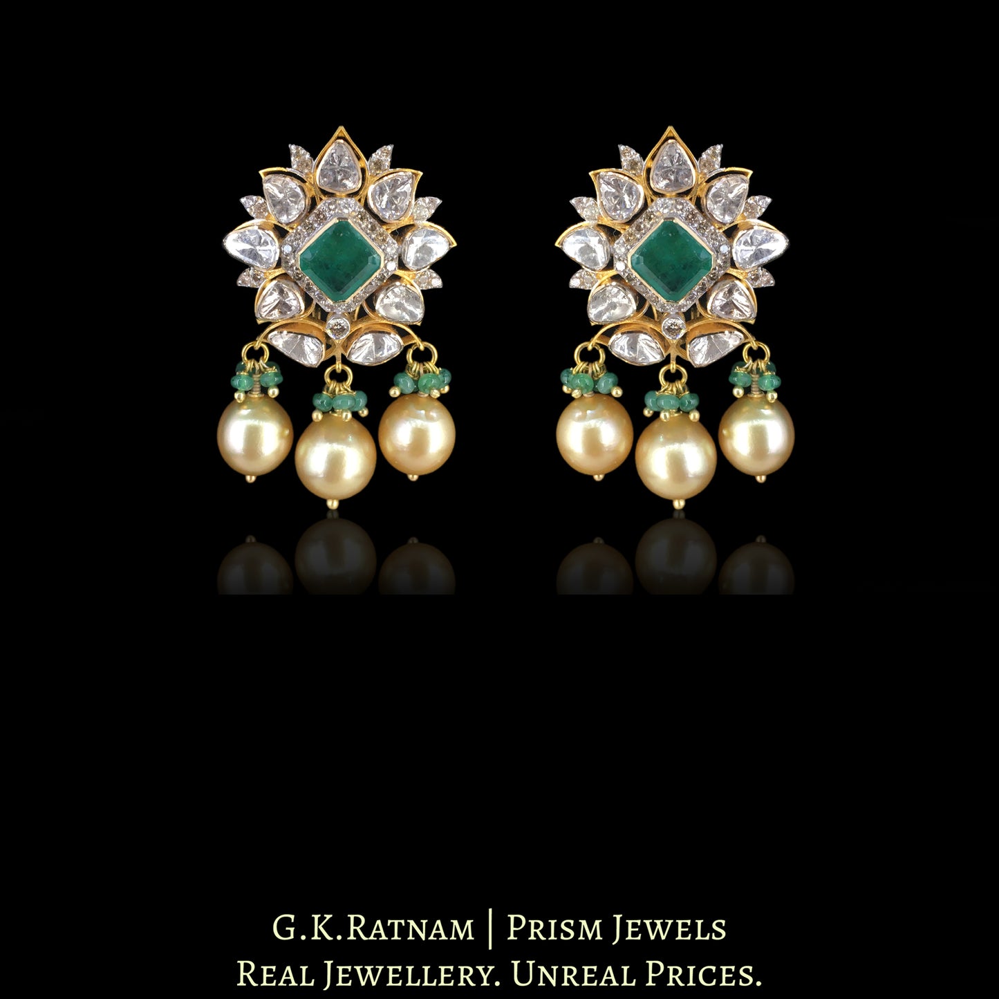 18k Gold and Diamond Polki Open Setting Karnfool Earring Pair with Natural Emeralds and South Sea Pearls