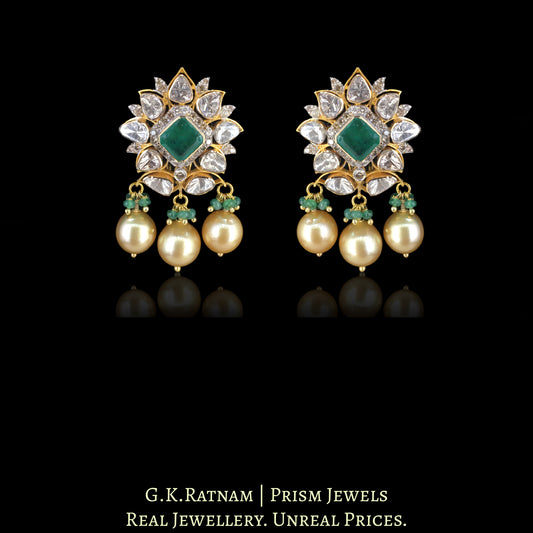 18k Gold and Diamond Polki Open Setting Karnfool Earring Pair with Natural Emeralds and South Sea Pearls