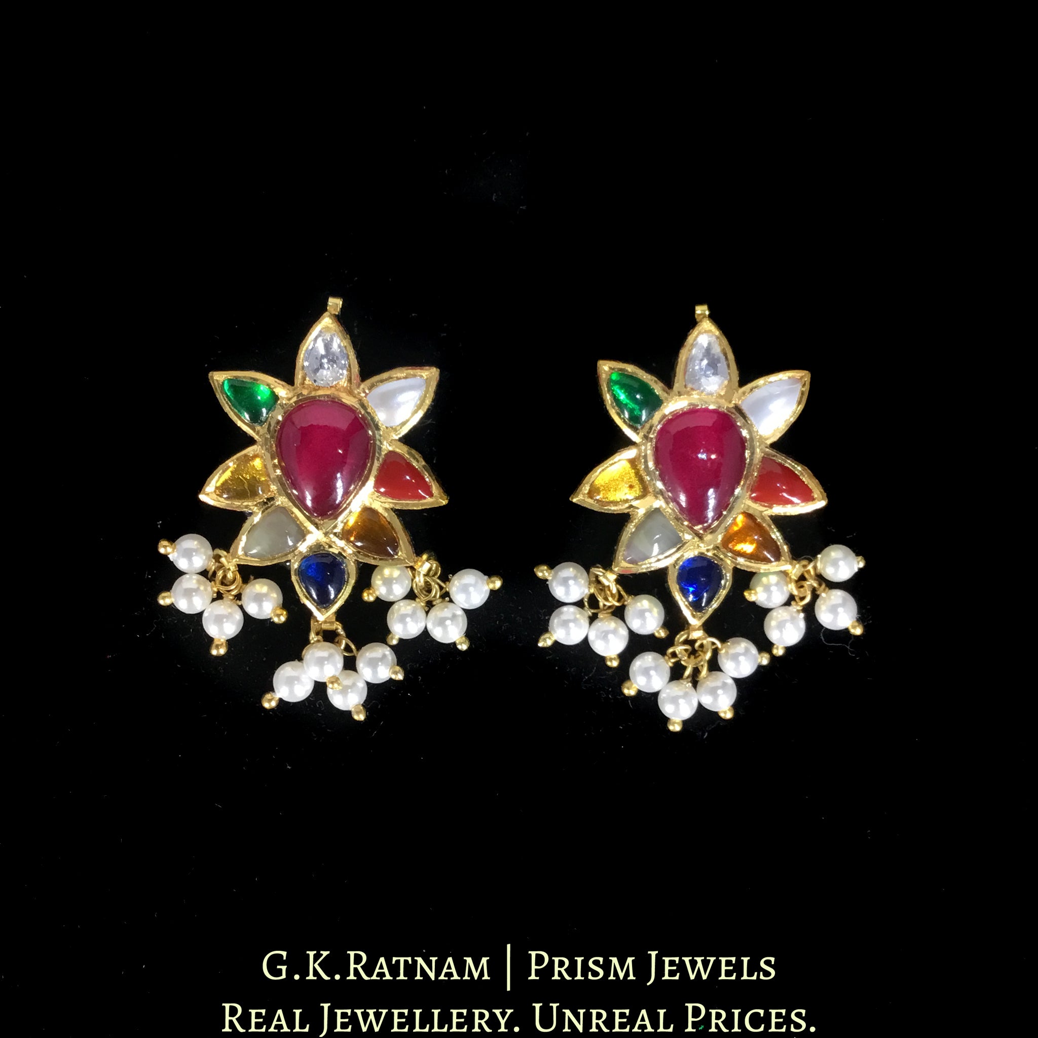 Traditional Gold and Diamond Polki Navratan Pendant Set With Chid Bunches