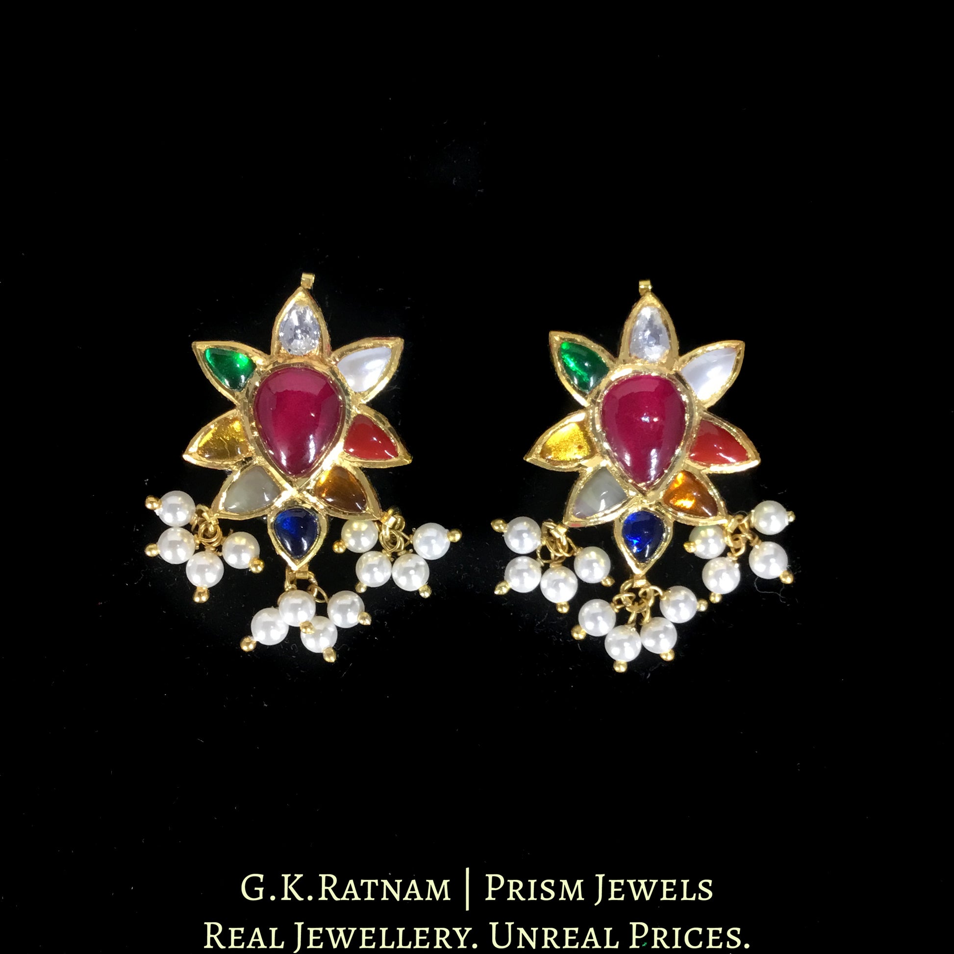 Traditional Gold and Diamond Polki Navratan Pendant Set With Chid Bunches - G. K. Ratnam