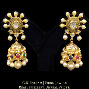 18k Gold and Diamond Polki Navratna Necklace Set with intricate goldwork around Navratan Carved Stones