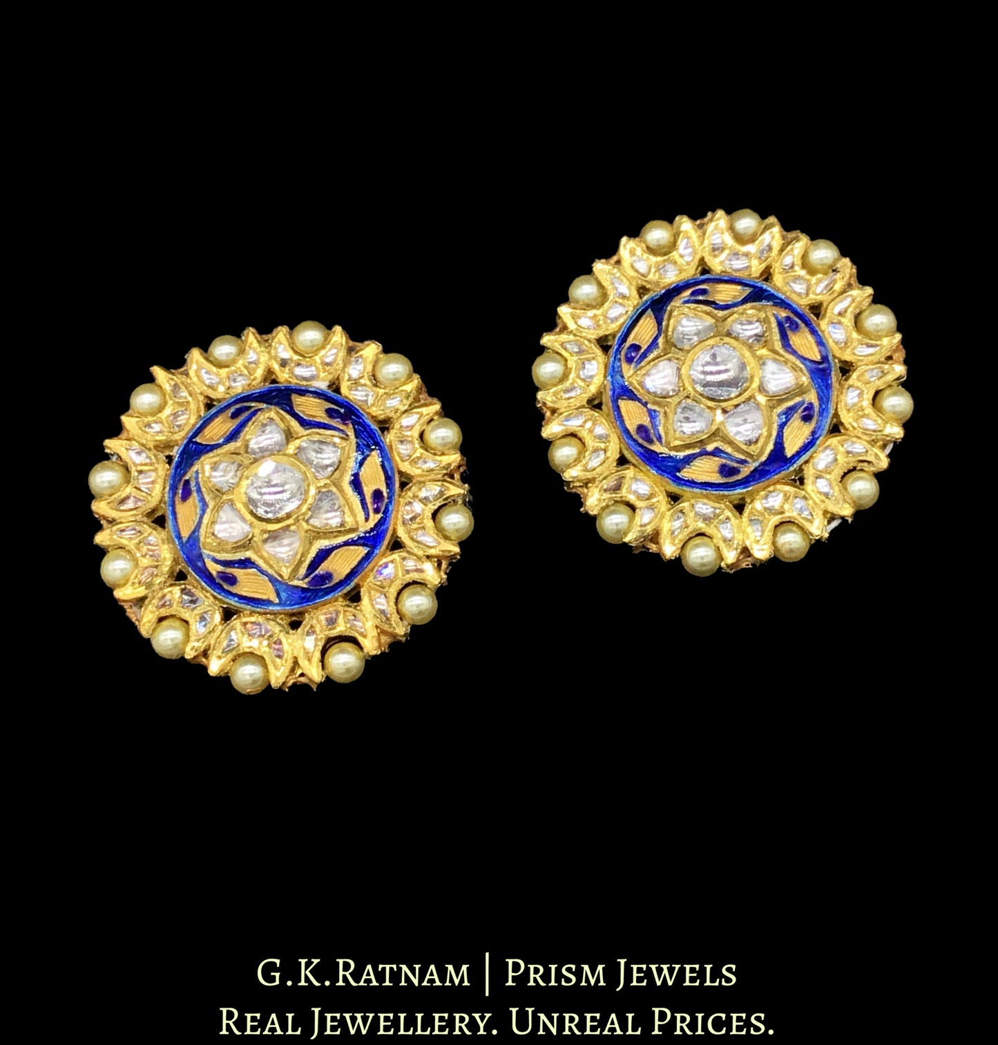 18k Gold and Diamond Polki Karnfool Pair with Blue Meenakari - G. K. Ratnam