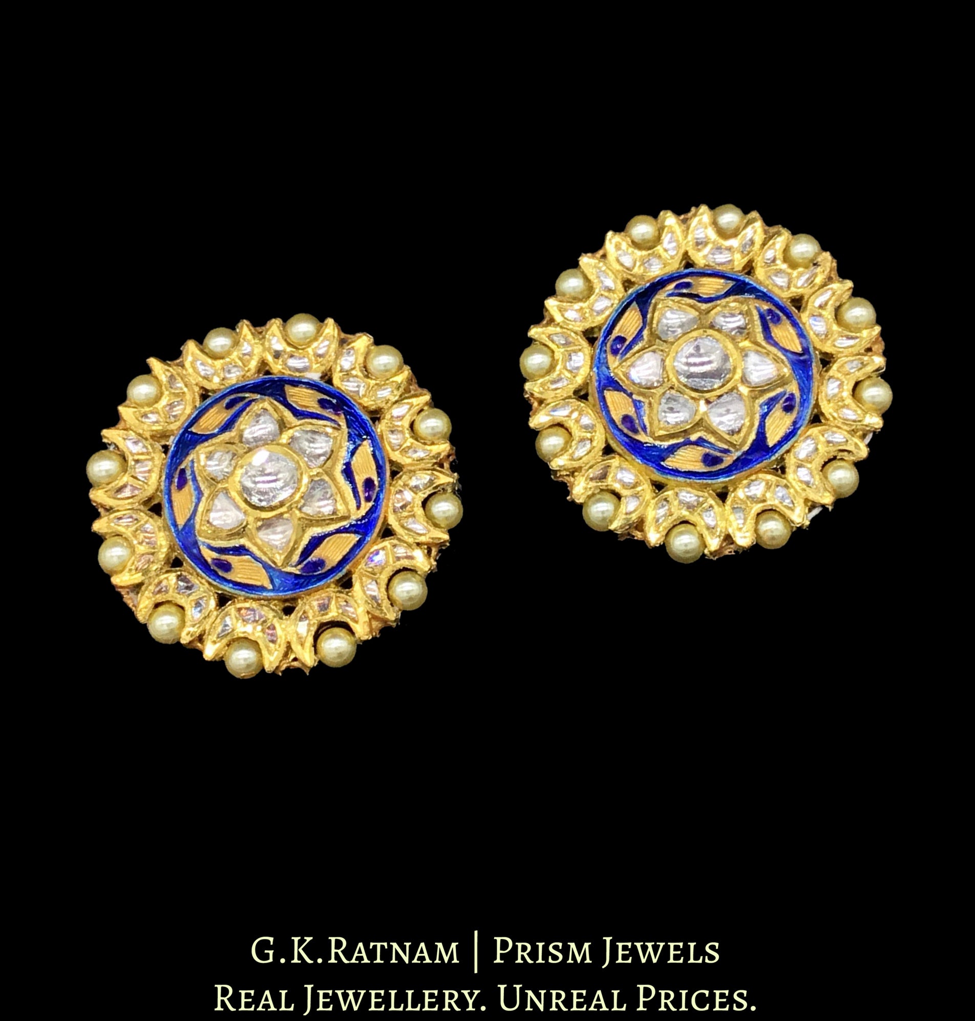 18k Gold and Diamond Polki Karnfool Pair with Blue Meenakari - G. K. Ratnam