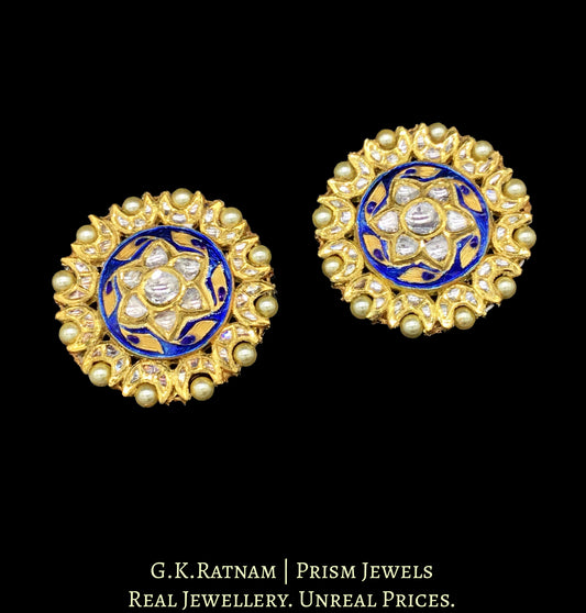18k Gold and Diamond Polki Karnfool Pair with Blue Meenakari - G. K. Ratnam