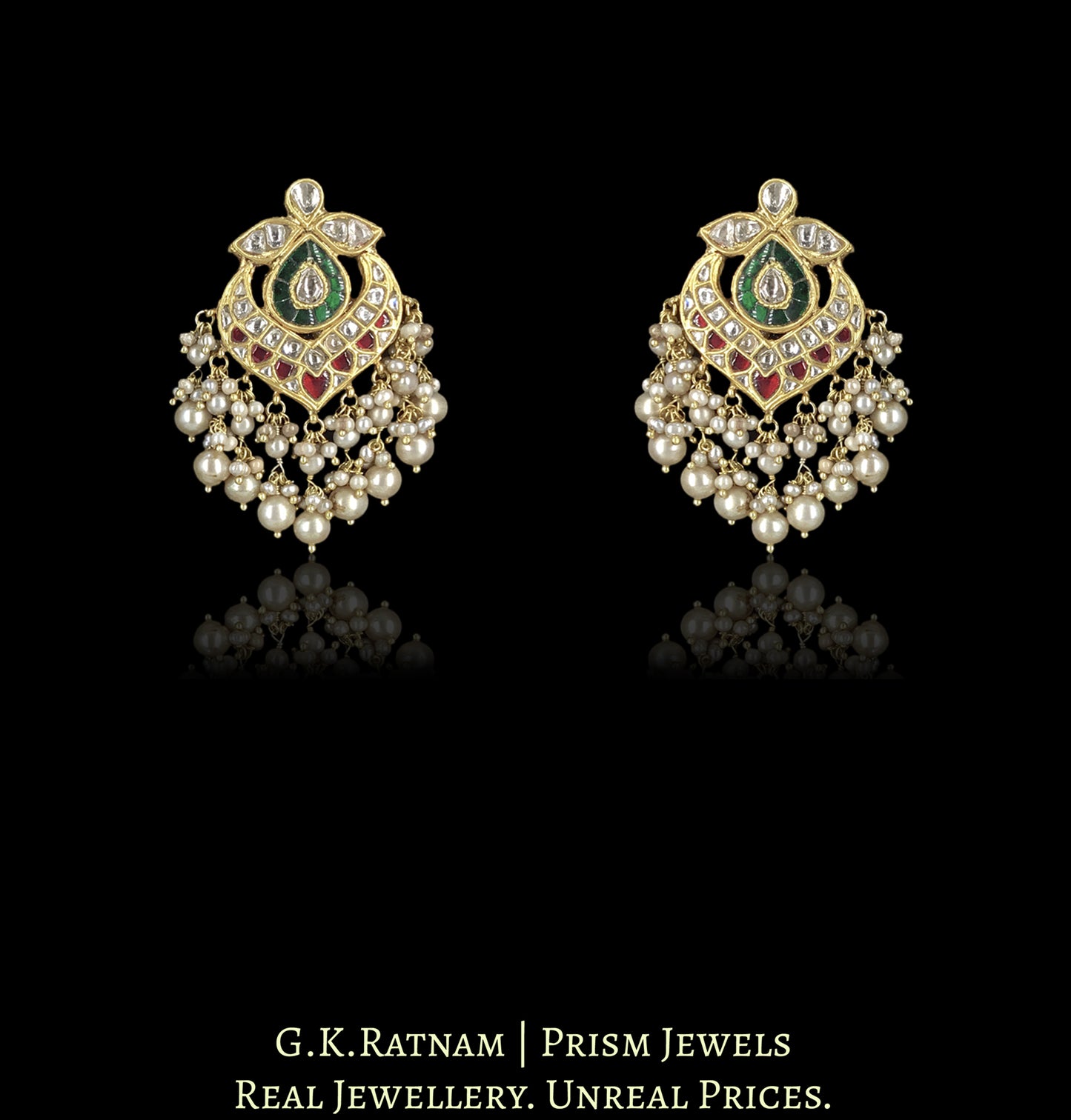 23k Gold and Diamond Polki south-style Long Necklace Set with basra-like Freshwater Pearls