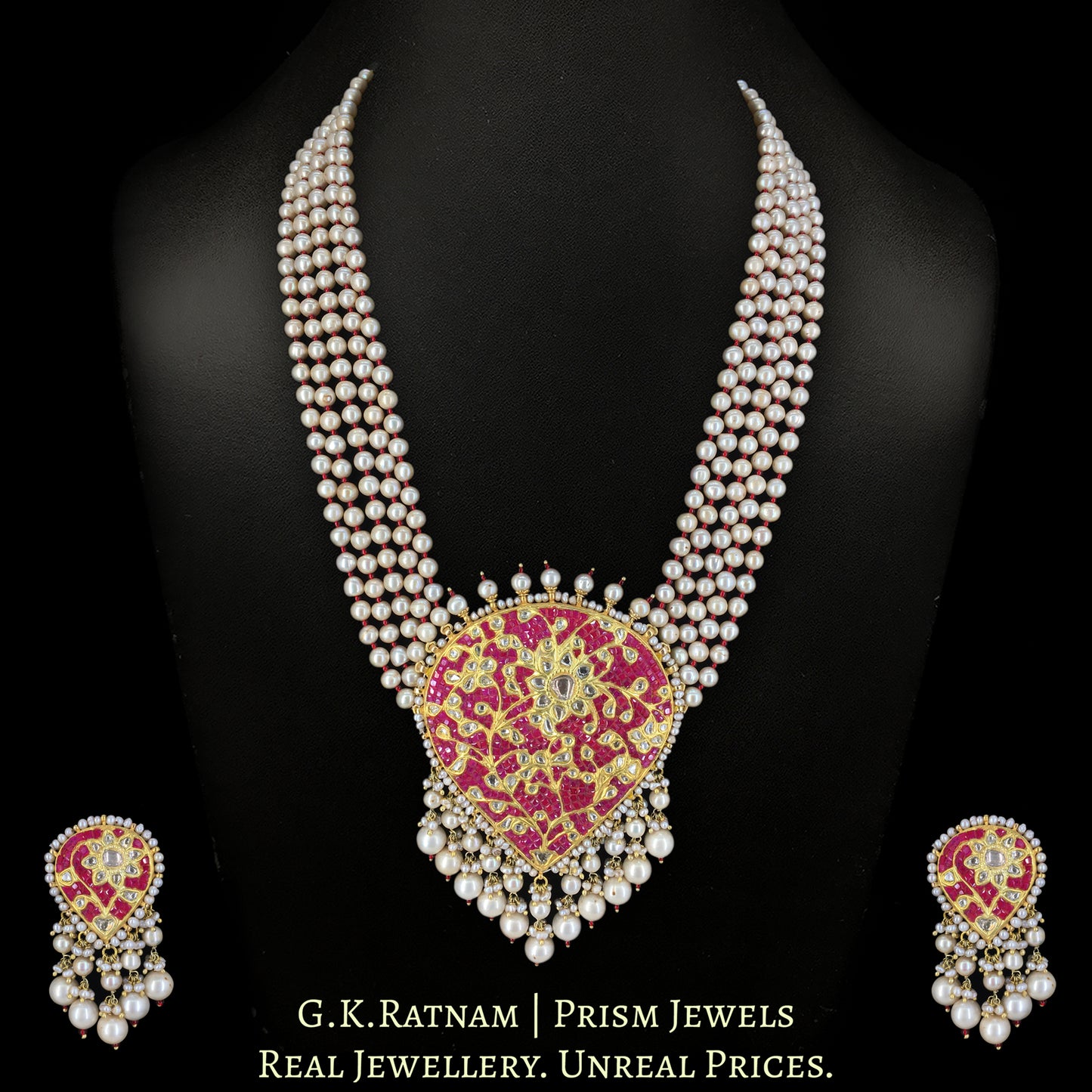 23k Gold and Diamond Polki Pendant Set with Rubies and Antiqued Hyderabadi Pearls