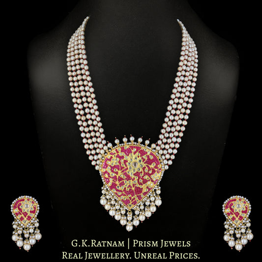 23k Gold and Diamond Polki Pendant Set with Rubies and Antiqued Hyderabadi Pearls