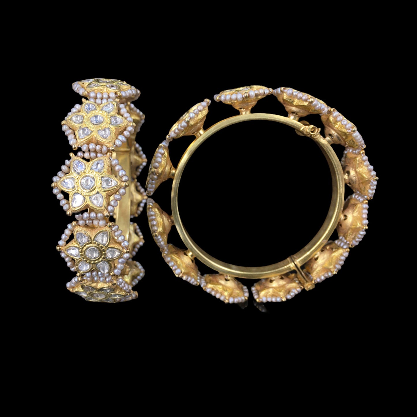 23k Gold and Diamond Polki Bangle Pair (Pacheli) with Antiqued Freshwater Pearls