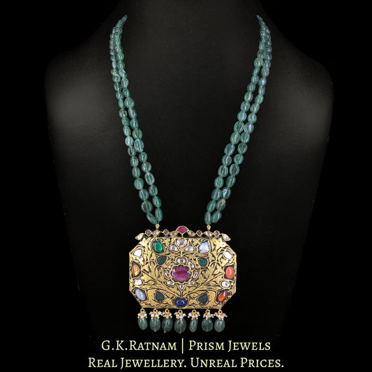 23k Gold and Diamond Polki Navratna Octagonal Pendant Set with Strawberry Quartz - G. K. Ratnam