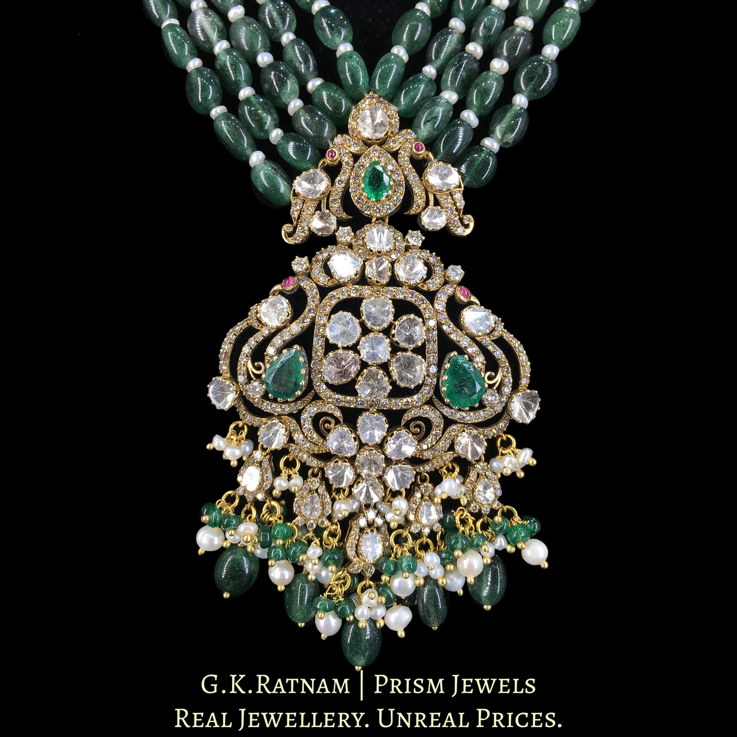 18k Gold and Diamond Polki Open Setting victorian-finish Pendant with Strawberry Quartz and Pearls