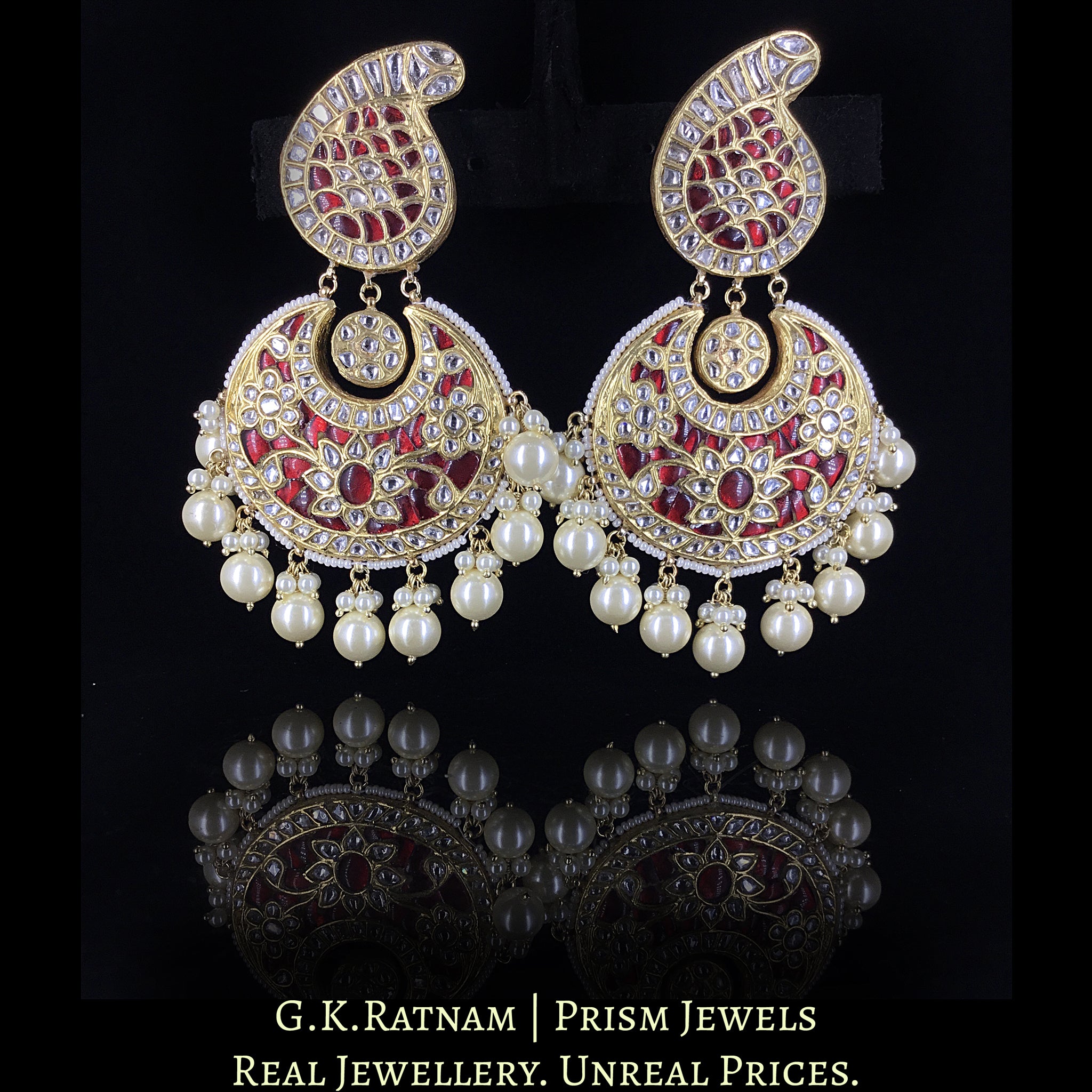 23k Gold and Diamond Polki Red Chand Bali Earring Pair With Pearls