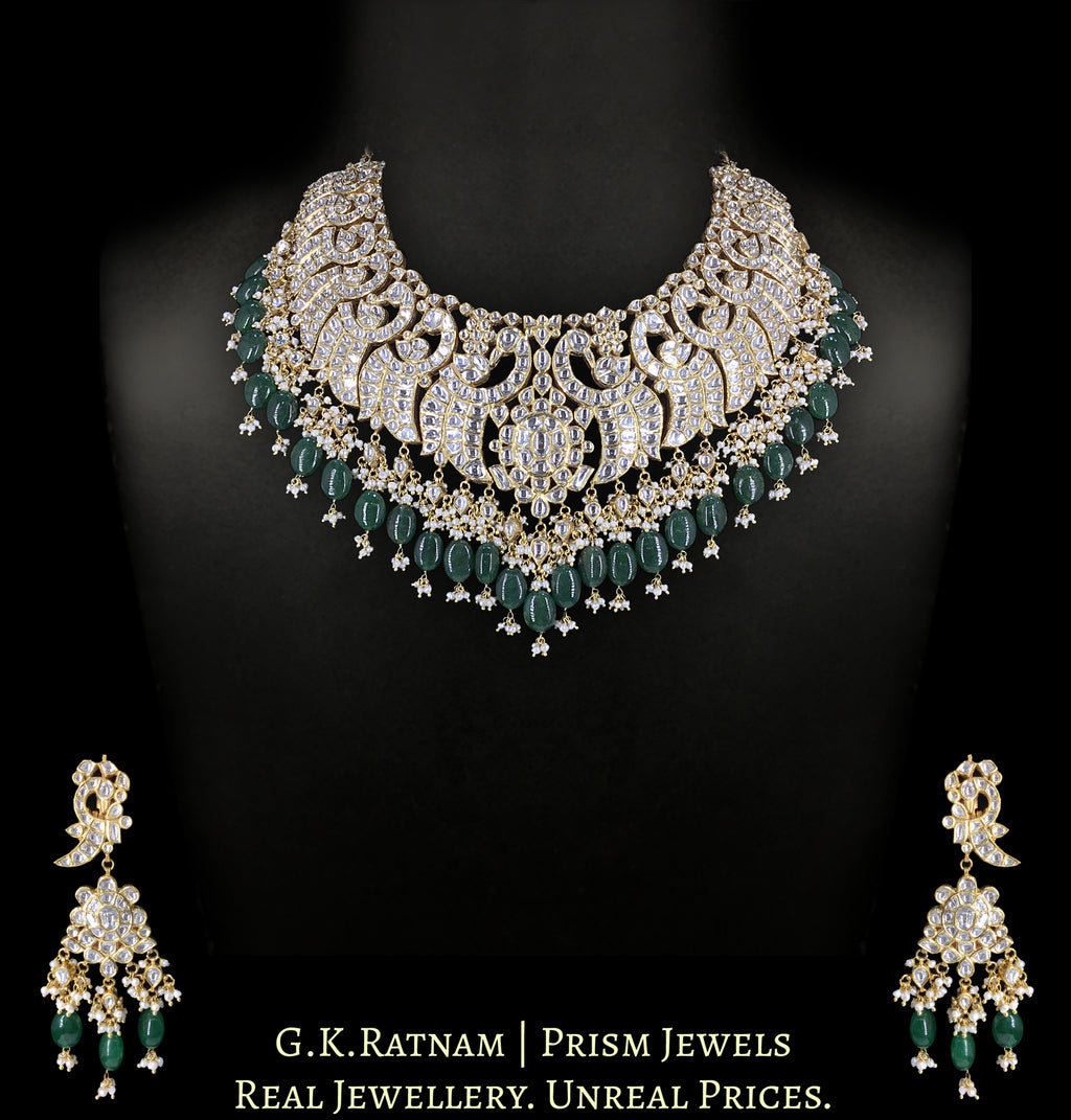 18k Gold and Diamond Polki Necklace Set with Peacock Motifs
