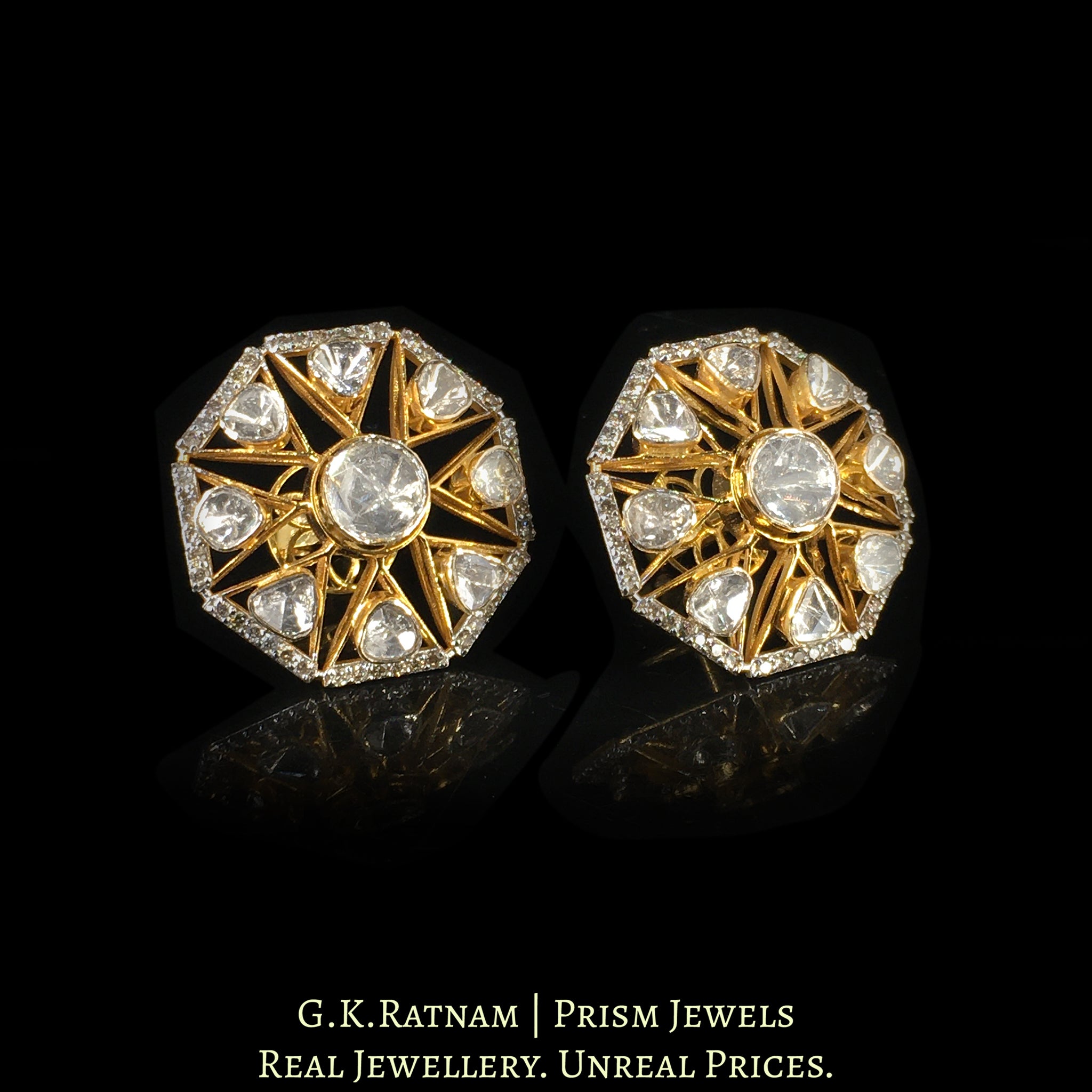 14k Gold and Diamond Polki Open Setting Octagonal Karnfool Earring Pair