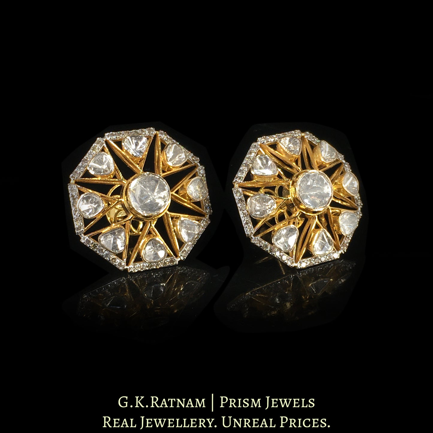 14k Gold and Diamond Polki Open Setting Octagonal Karnfool Earring Pair